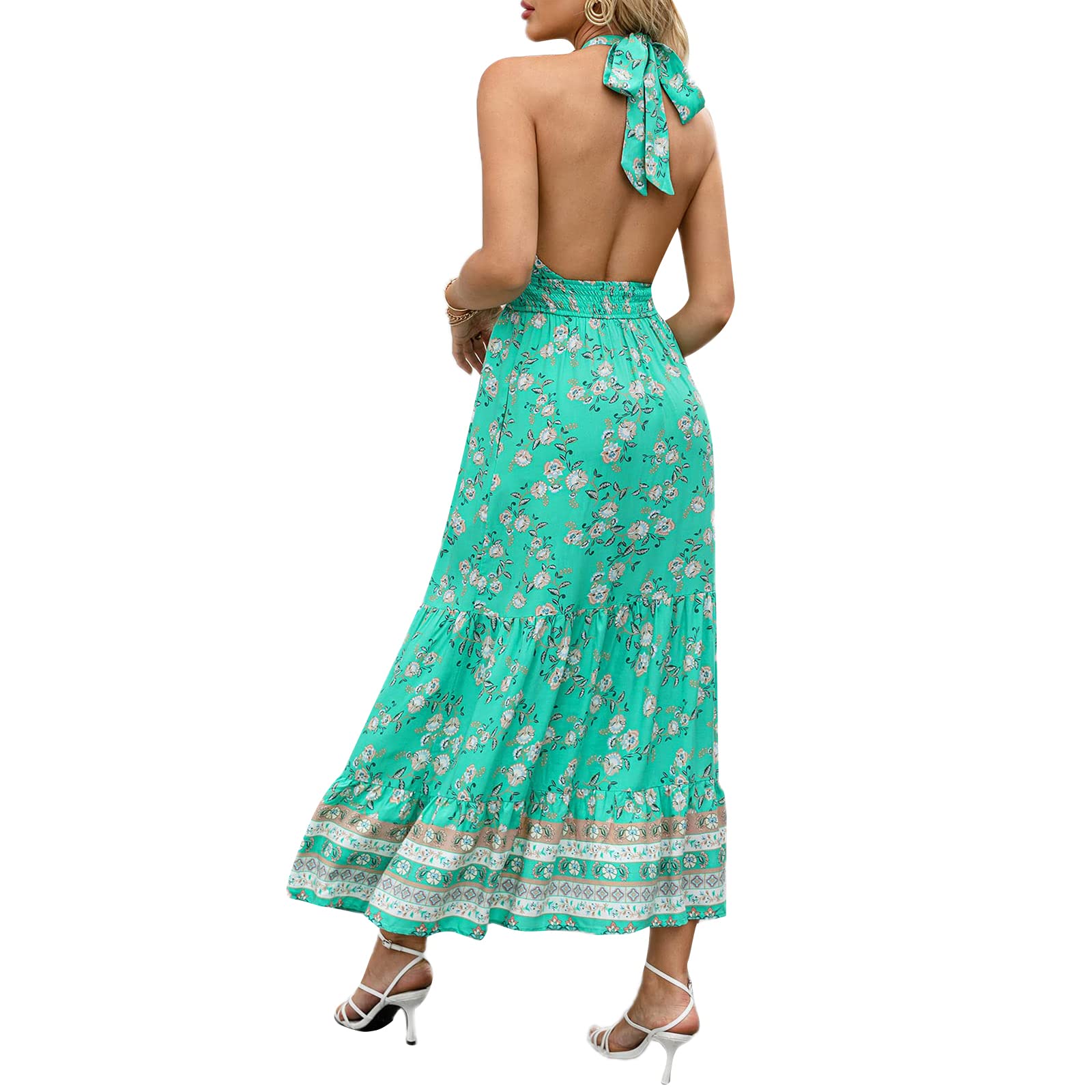 Women's Floral Criss Cross Halter Neck Summer Dress - Sleeveless Backless Cut Out A-Line Maxi Dress for Beach, Vacation & Party Wear