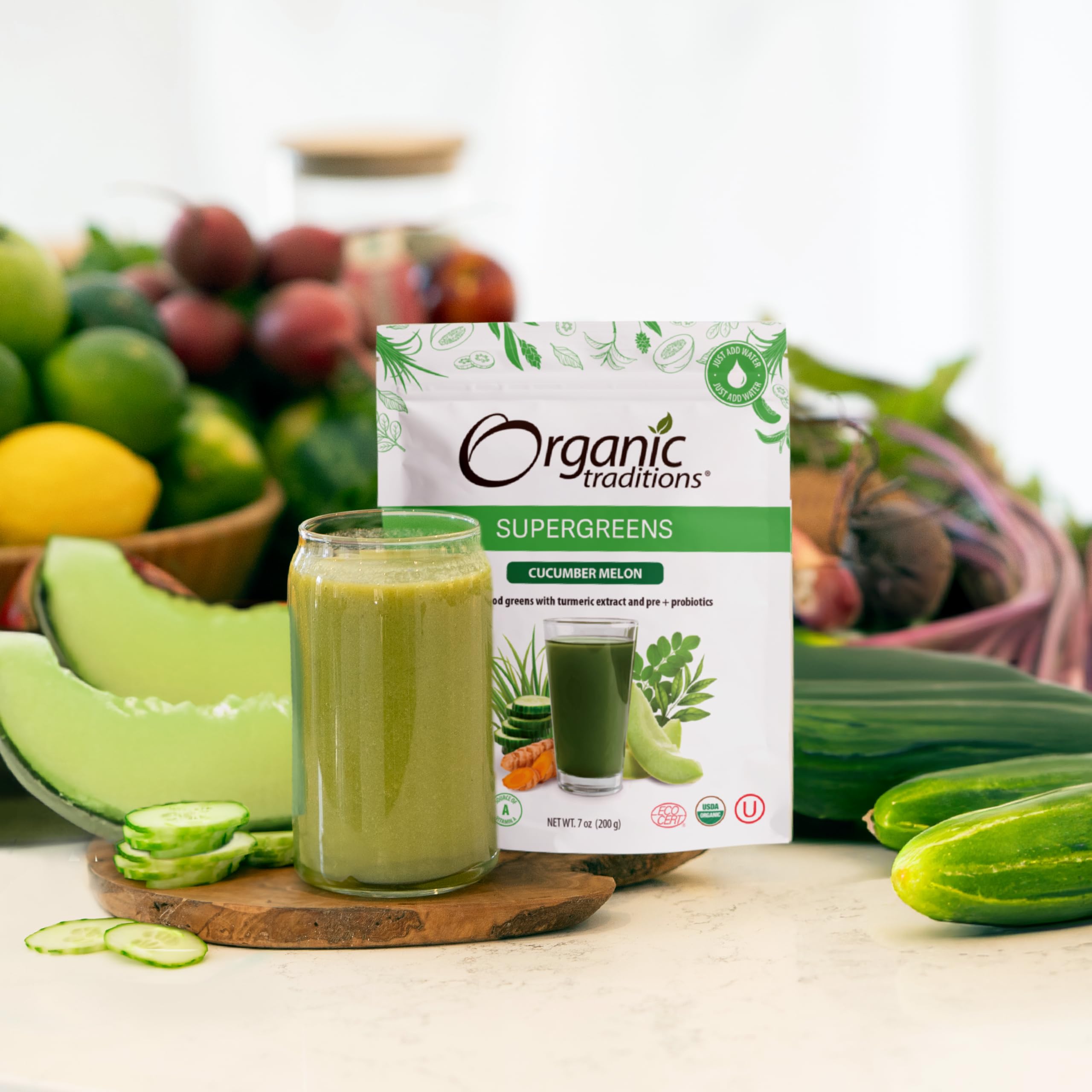 Organic Traditions Super Greens Powder with Turmeric - Cucumber Melon Flavored Organic Superfood Supplement, 200g (7oz) | Immune Support & Energy Boost for Active Lifestyles