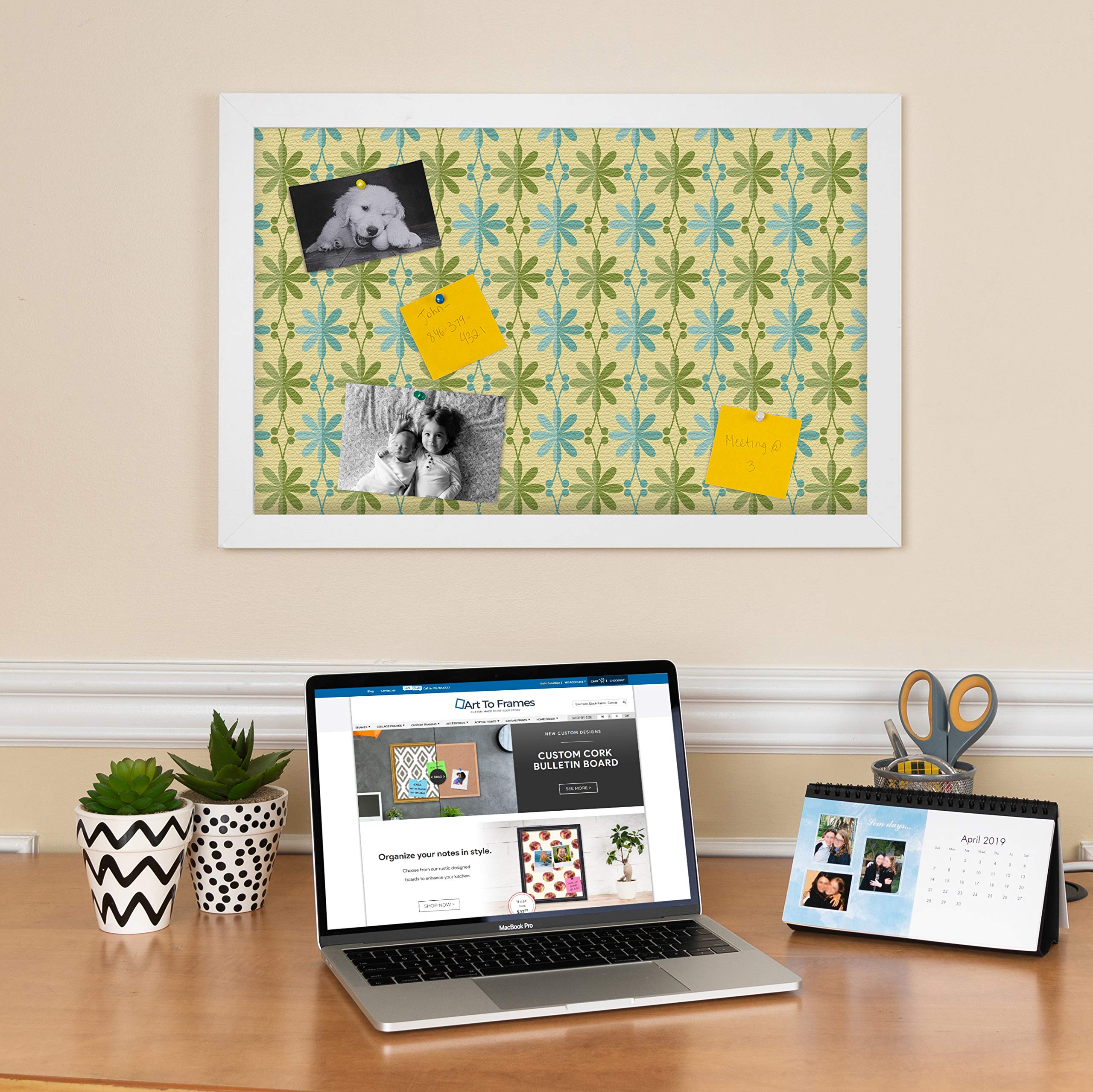 ArtToFrames 36x24 Inch Custom Cork Bulletin Board - Floral Blue Green Fabric Canvas Pin Board with Satin White Frame | Perfect for Home Office, Classroom Decor & Wall Organization (PinPix-551-36x24_FRBW26074)