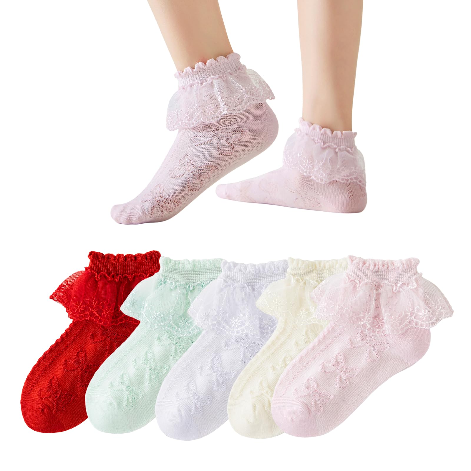 5 Pairs Girls Mesh Ruffle Lace Trim Cotton Socks - Frilly Ankle Socks for Toddler Girls, Princess Style Dress Socks - Perfect for Parties, School & Everyday Wear