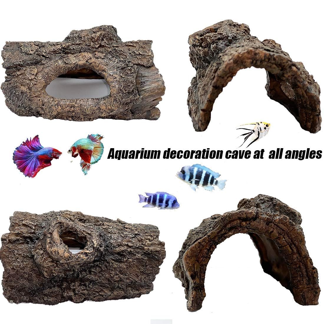 Resin Aquarium Cave Decor - Hollow Tree Trunk Hideout for Fish & Turtles - 6.1x3.9x3.1IN - Perfect for Betta & Shrimp Tanks