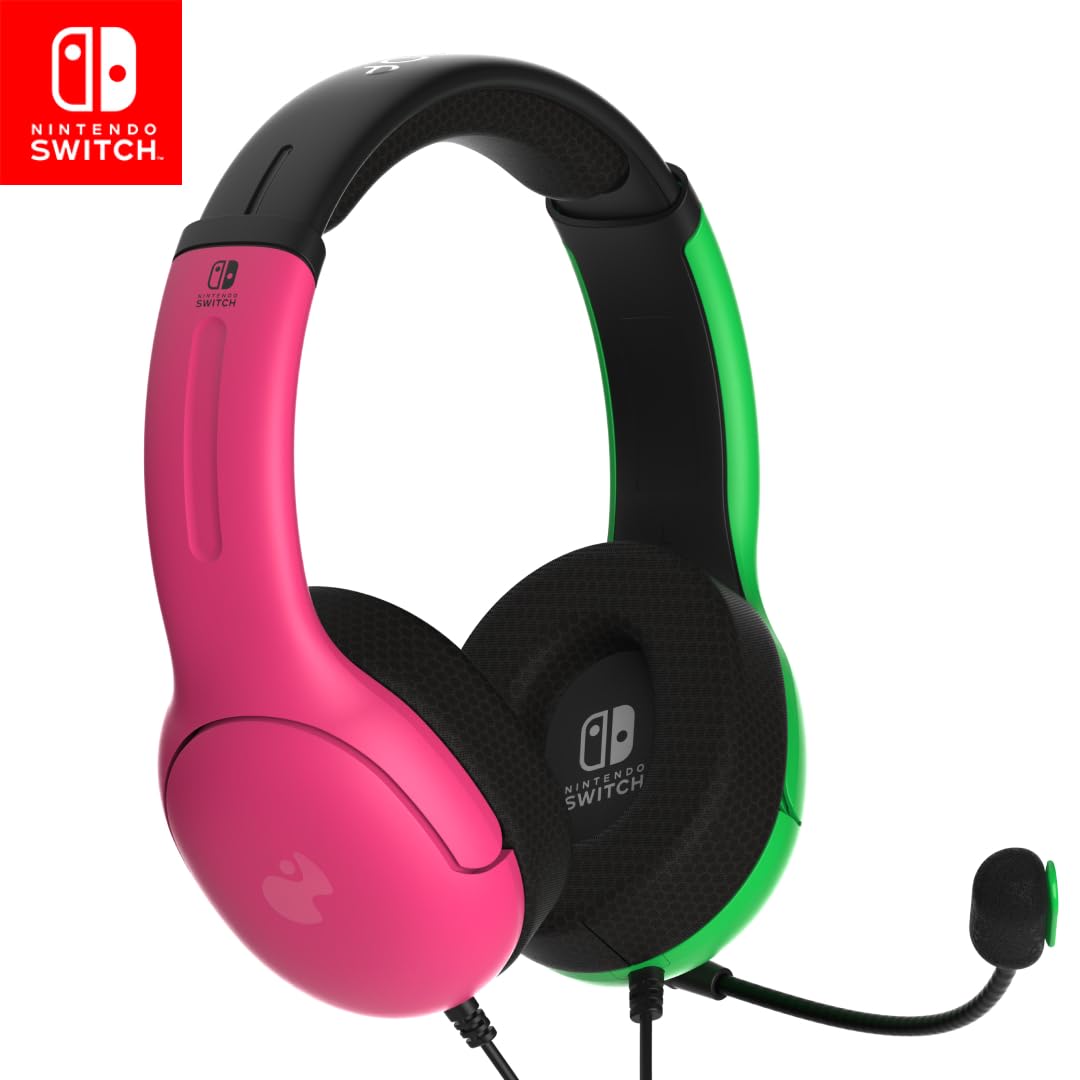 PDP Gaming LVL40 Stereo Headset with Microphone - Compatible with Nintendo Switch, PC, iPad, Mac, Laptop - Noise Cancelling Mic, Lightweight On-Ear Headphones, 3.5mm Jack in Pink & Green - Perfect for Gaming, Online Classes & Remote Work