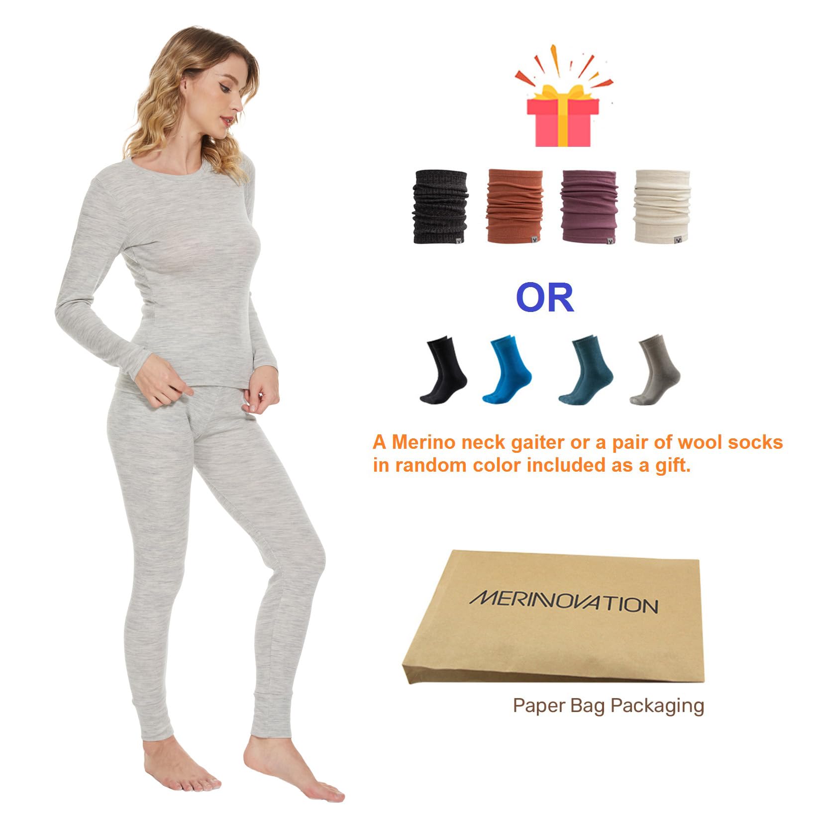 MERINNOVATION Women's 100% Merino Wool Thermal Base Layer Set - Soft Warm Winter Underwear for Skiing, Hiking & Cold Weather Activities