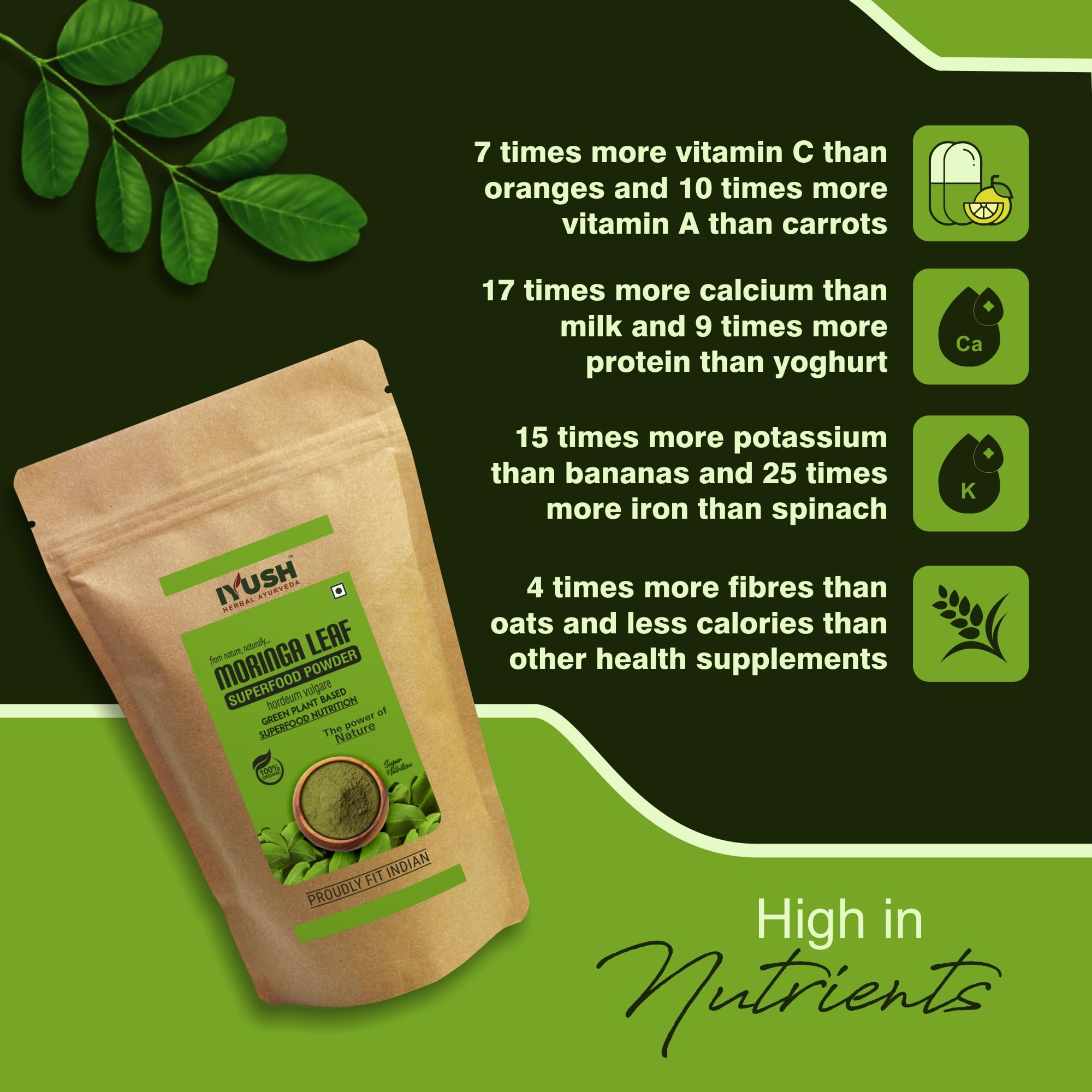 Organic IYUSH Ayurvedic Moringa Leaf Powder 500g - Pure Superfood Supplement for Energy, Immunity & Detox - Perfect for Smoothies, Teas & Healthy Recipes
