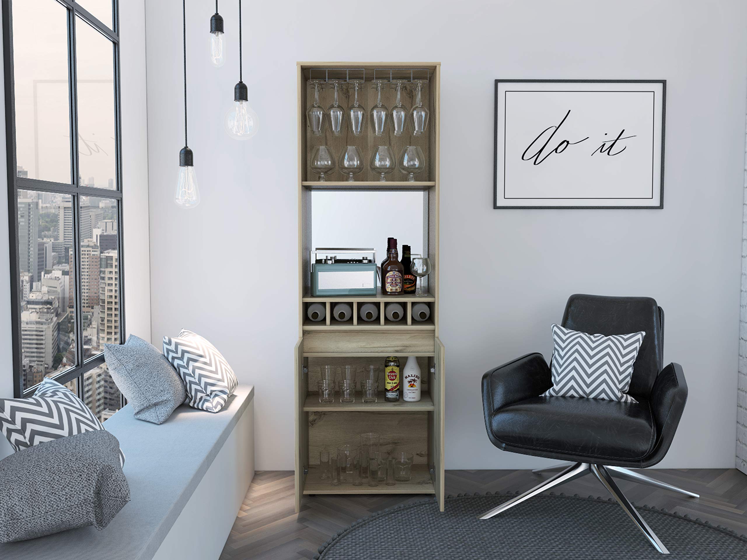 Redding Bar Cabinet with 2 Open Shelves & Double Doors - Light Oak Storage for Wine Bottles, Glassware & Liquor - Perfect for Home Bar, Dining Room or Entertainment Area