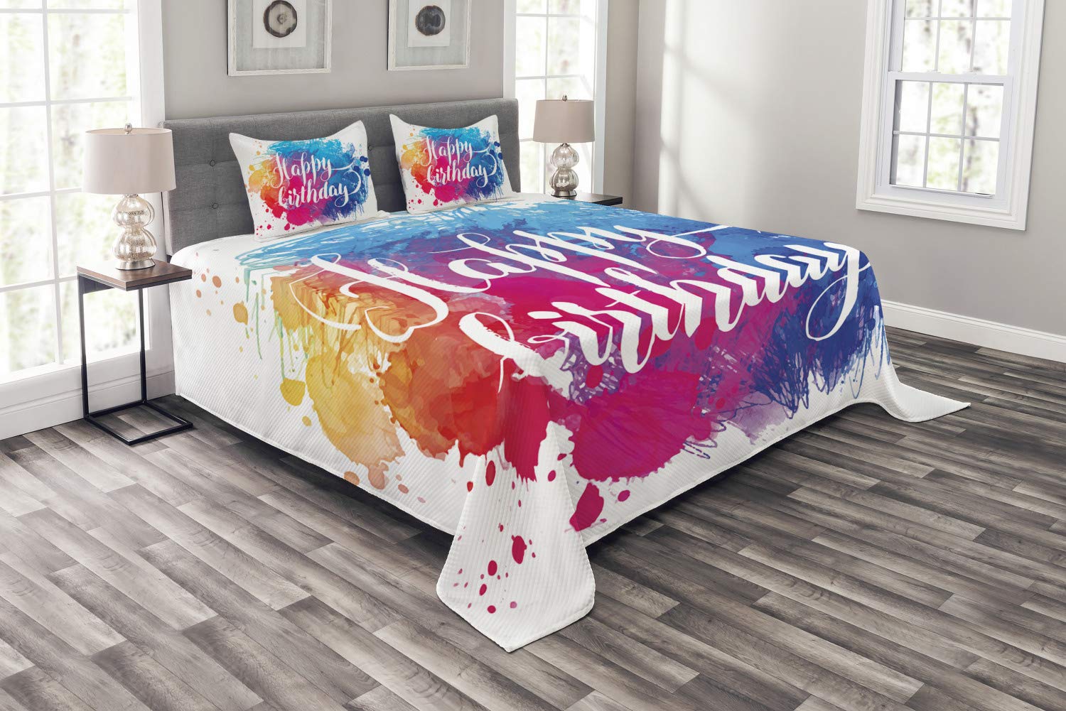 Ambesonne King Size Birthday Bedspread Set - Watercolor Splash Painting Design with Handwritten Birthday Message, 3-Piece Decorative Bedding Coverlet & 2 Pillow Shams, Multicolor - Perfect for Birthday Parties, Bedroom Decor & Gift Giving