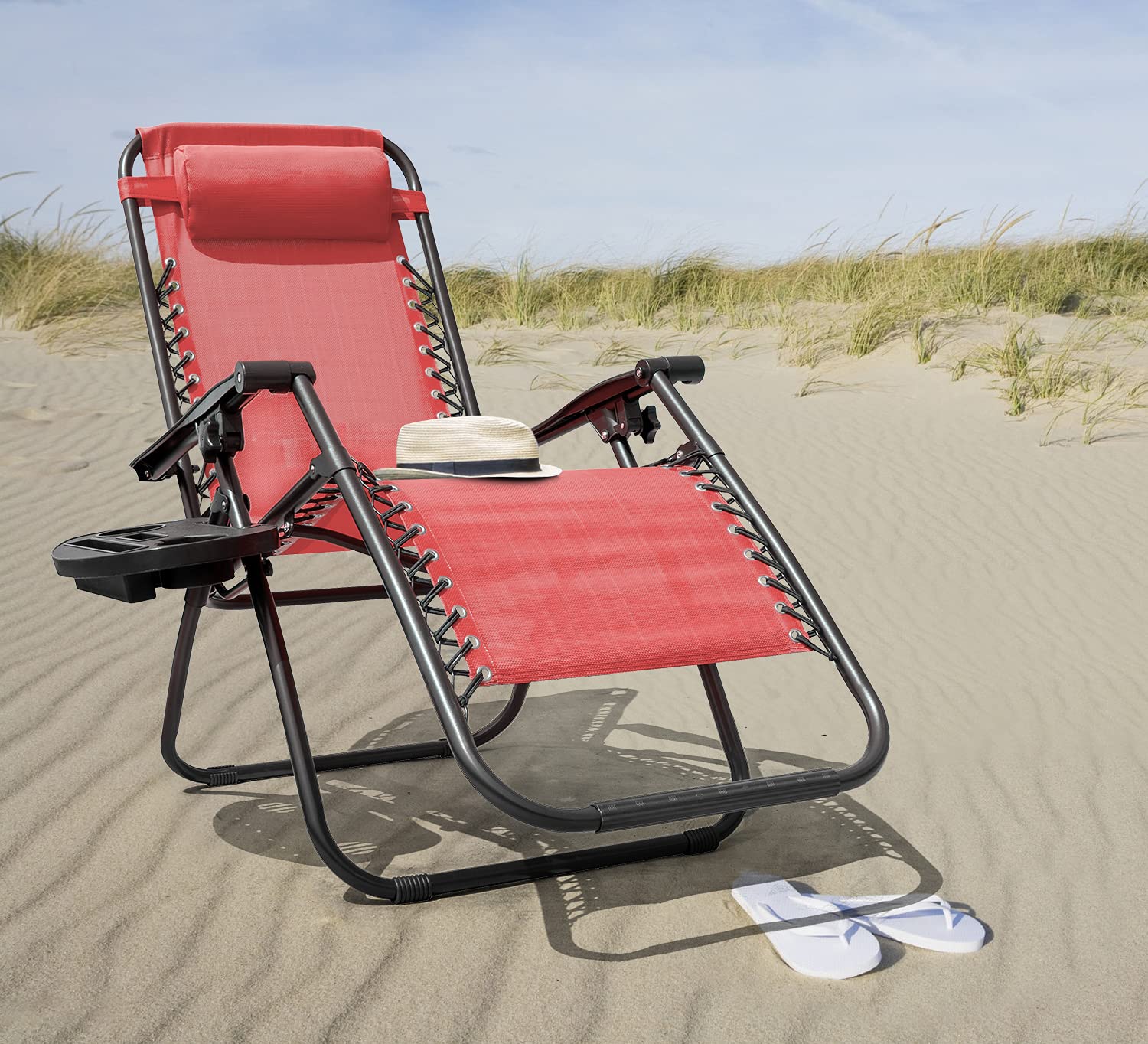 Kemon Zero Gravity Folding Lounge Chair - Adjustable Reclining Outdoor Patio Chair with Pillows & Cup Holders - Set of 2 Red Chairs - Perfect for Beach, Poolside, Backyard & Camping Relaxation