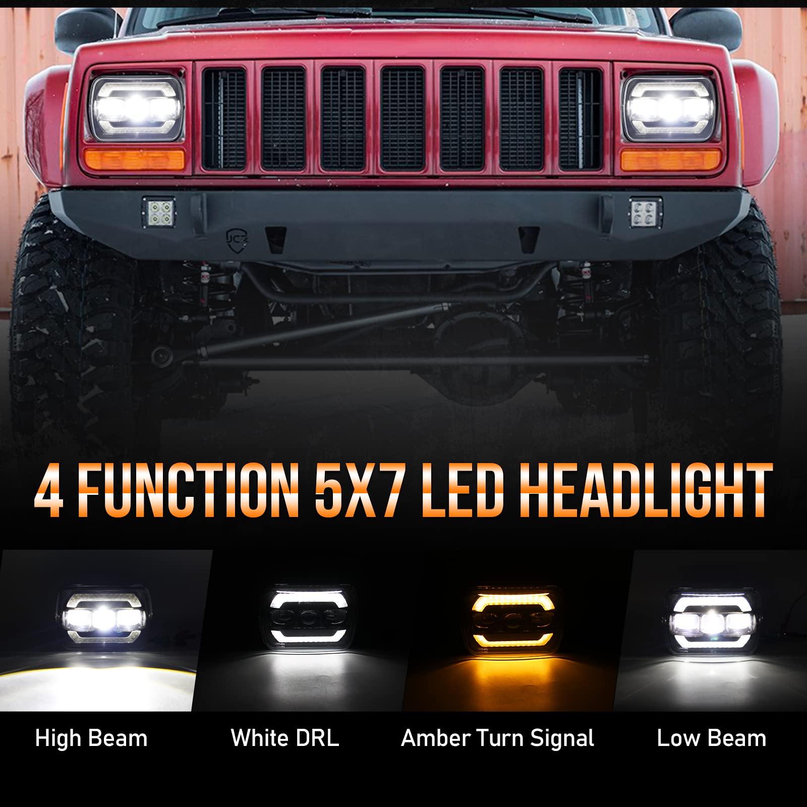 OPP ULITE 5x7 LED Headlights - White DRL & Amber Turn Signal Halo - DOT Approved 80W 6500K Projector Lens - Square 7x6 Headlights Plug & Play Replacement for H6054 H5054 - 2PC Pack - Perfect for Jeep Wrangler, Ford F150 & Off-Road Vehicles