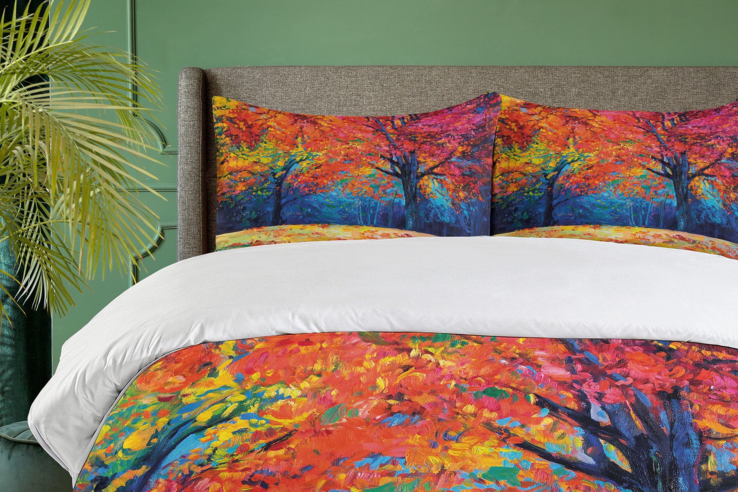 Ambesonne Autumn Leaves Duvet Cover Set - King Size 3-Piece Bedding with 2 Pillow Shams, Vibrant Vermilion & Navy Blue Fall Tree Design for Cozy Seasonal Home Decor | Perfect for Master Bedroom, Guest Room & Autumn-Themed Interior Styling