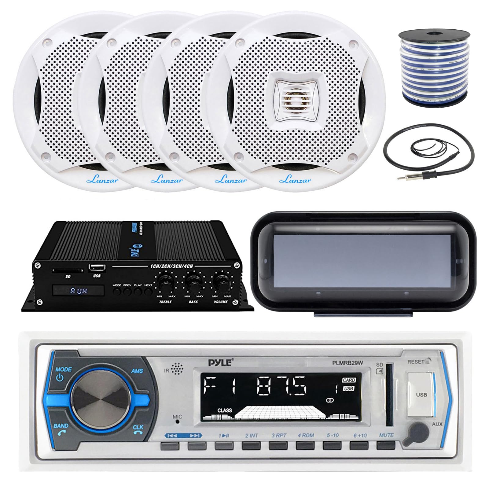 Pyle Marine Boat AM/FM USB AUX Bluetooth Stereo Receiver Bundle with 4 x 6.5