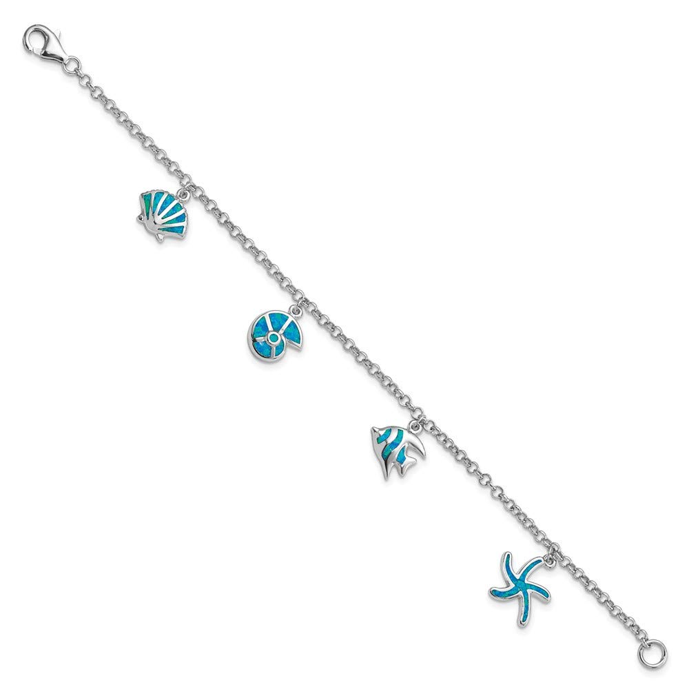 925 Sterling Silver Blue Opal Fish & Shell Charm Pendant Bracelet for Women - Elegant Fine Jewelry Gift for Her (7.25