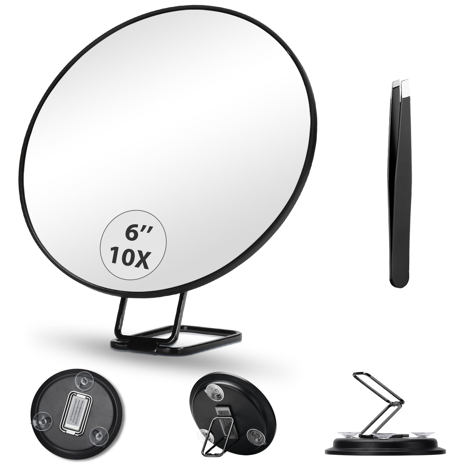10X Magnifying Mirror with Light - 6 Inch Makeup Mirror with 3 Suction Cups & Adjustable Stand - Handheld, Wall Mount or Tabletop Vanity Mirror - Perfect for Travel, Tweezing & Precision Makeup Application