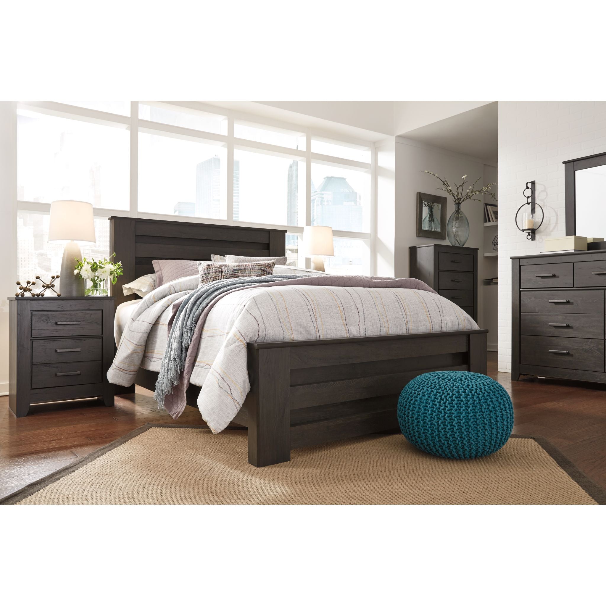 Brinxton Full Panel Bed Frame - Queen Size, Charcoal Finish - Modern Platform Bed with Upholstered Headboard for Bedroom Decor