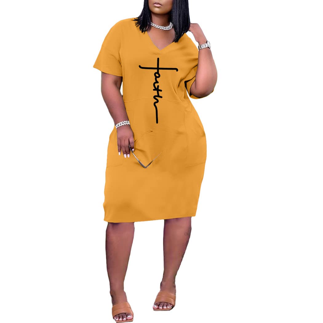Women's Faith T-Shirt Dress - Summer Short Sleeve V-Neck Loose Casual Midi Dress with Pockets | Church Outfit, Beach Cover Up, Everyday Wear
