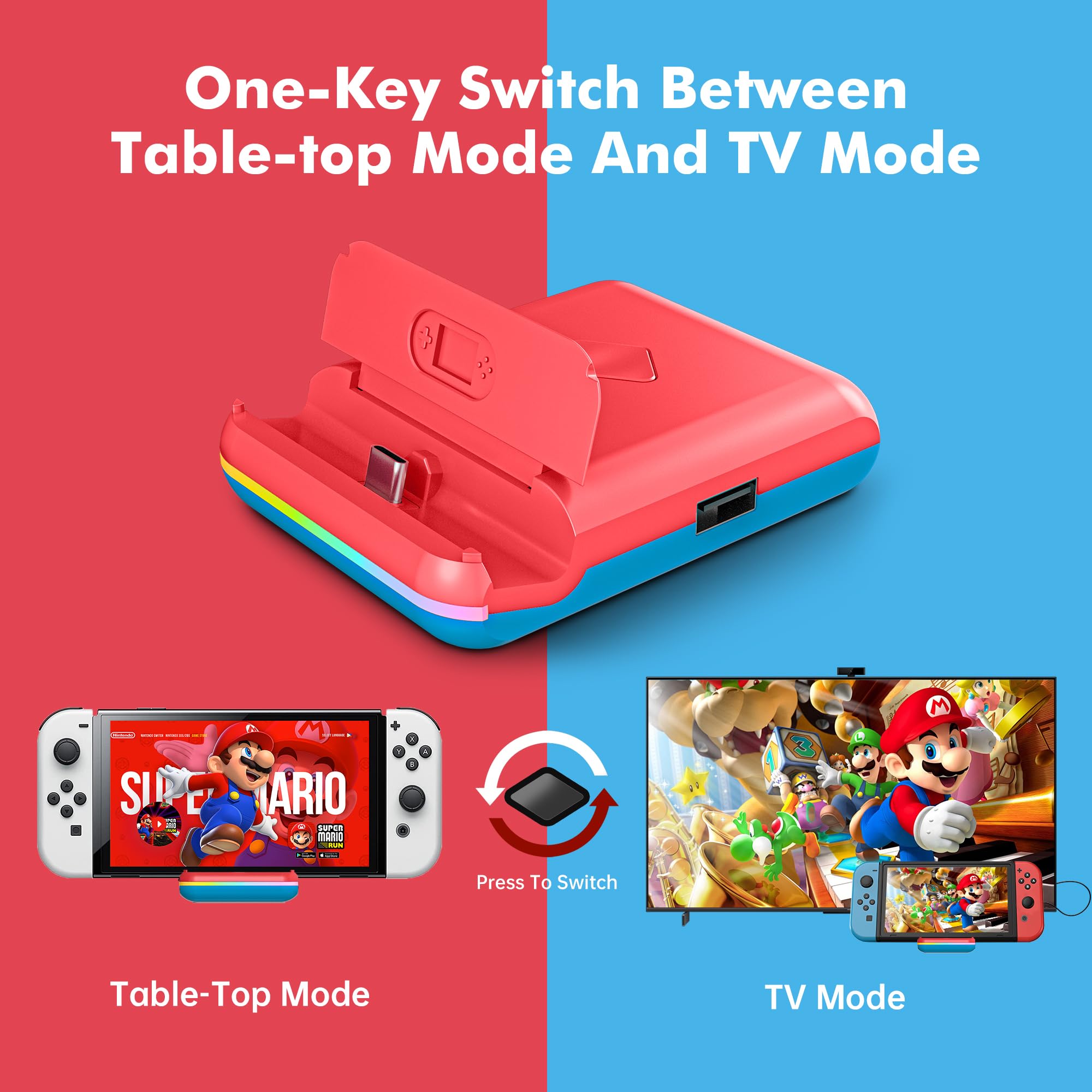 Nintendo Switch & Switch OLED TV Docking Station - 4K/1080P HDMI Adapter with Fast Charging, USB 3.0 & USB-C Ports - Foldable Design (Red/Blue) - Perfect for Home Gaming & Travel Entertainment
