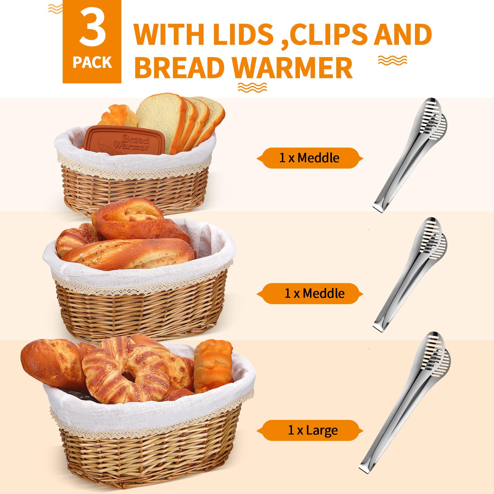 Havawish 3-Piece Handmade Wicker Bread Basket Set with Terracotta Warmer Stones - Includes Removable Liner Cover and Tongs (3 Sizes) - Perfect for Serving Warm Bread, Pastries, Fruits at Restaurants, Cafes, and Home Dining