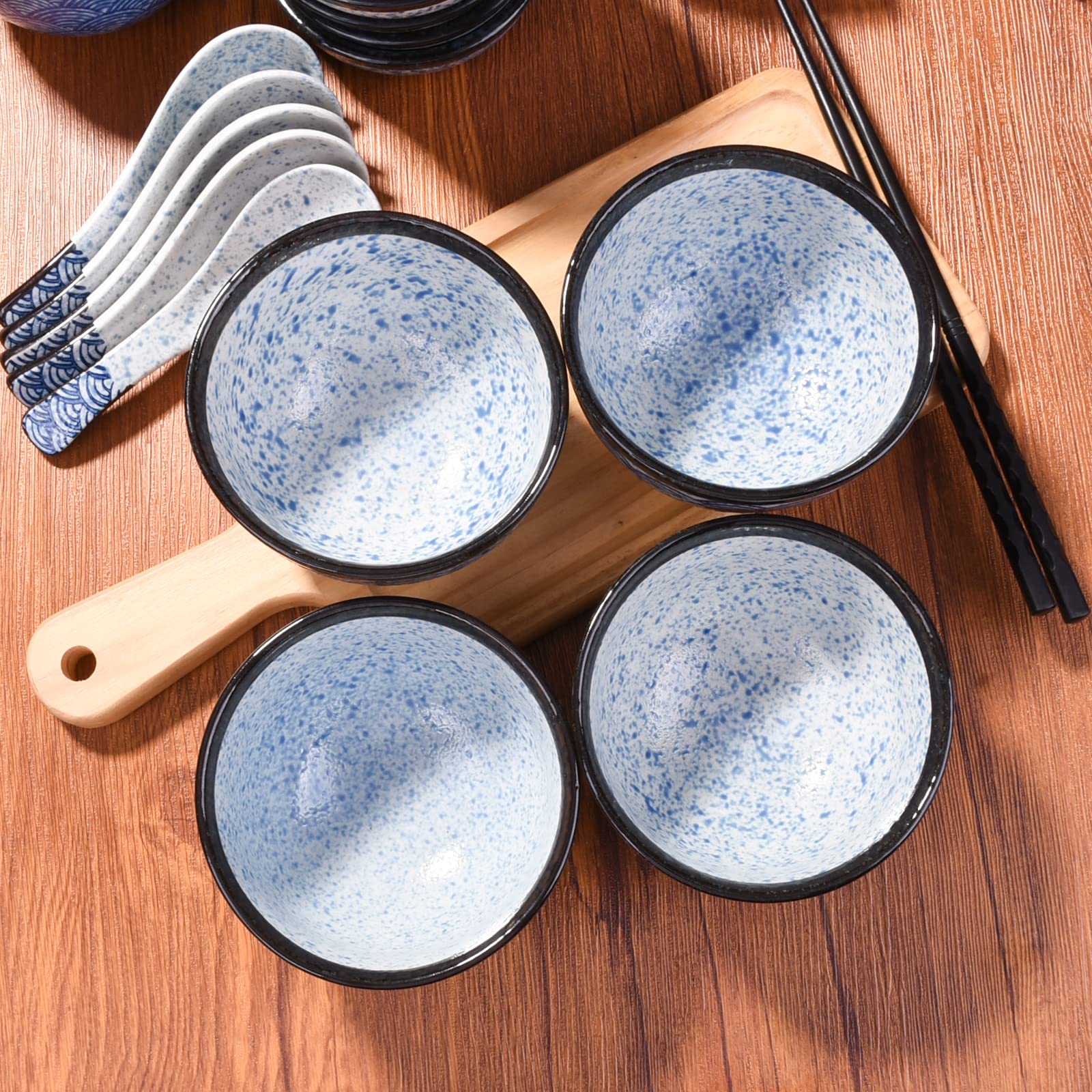Japanese Rice Bowl Set of 4 - 10.2oz Asian Ceramic Sushi Bowls in Blue - Perfect for Rice, Snacks, Desserts & Sauces - Ideal for Sushi, Ramen, Poke Bowls and Home Dining