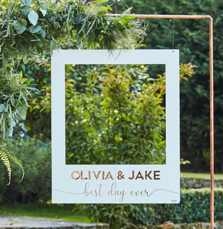 Personalized Wedding Photo Booth Frame - Elegant White & Rose Gold for Bridal Showers, Receptions & Anniversary Celebrations