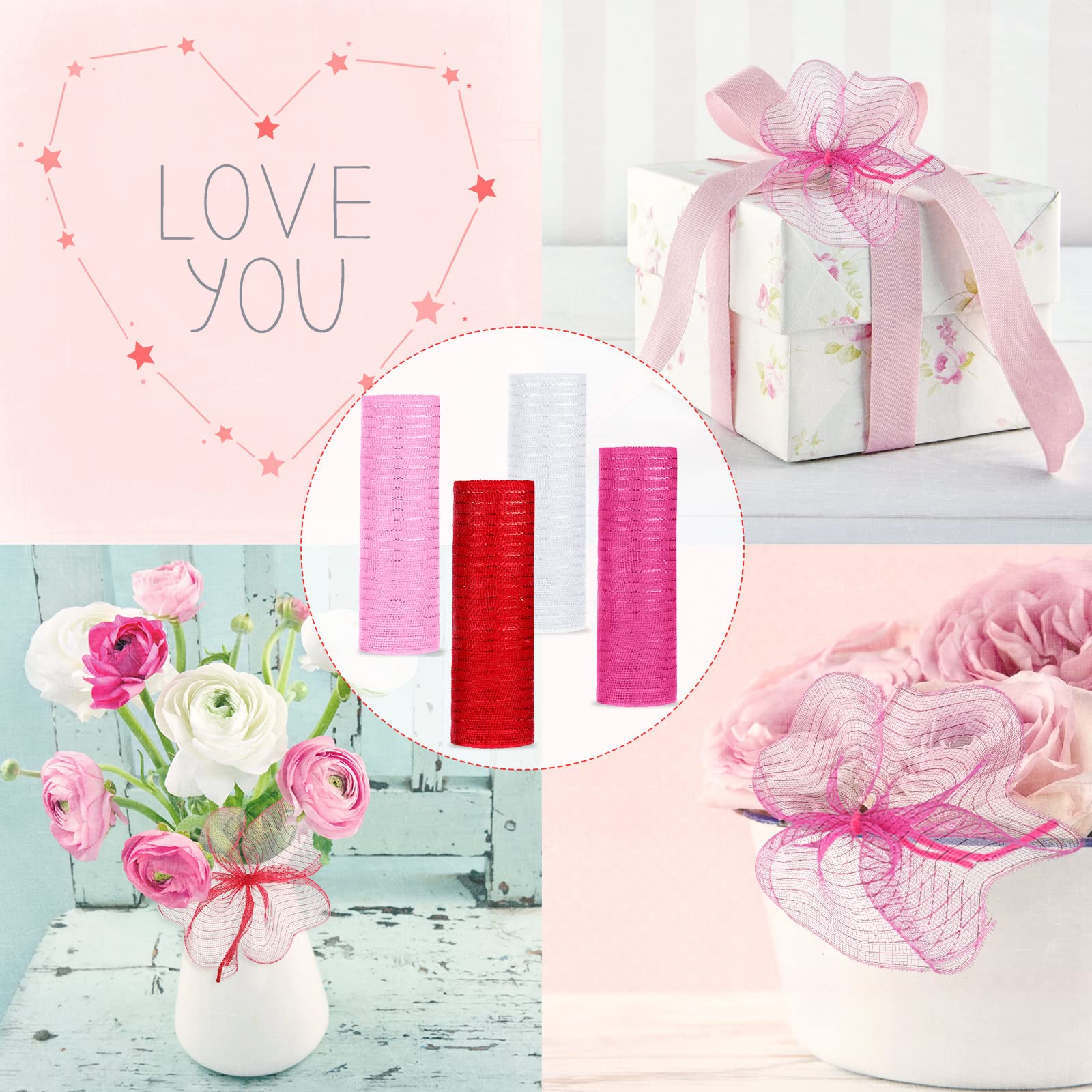 4 Rolls Valentine's Day Mesh Ribbon - 10 Inch x 30 Feet Decorative Mesh for Wreaths, Crafts & DIY - Includes 100 Chenille Stems in Red, Burgundy, Pink & White - Perfect for Valentine's Decor, Gift Wrapping & Party Supplies