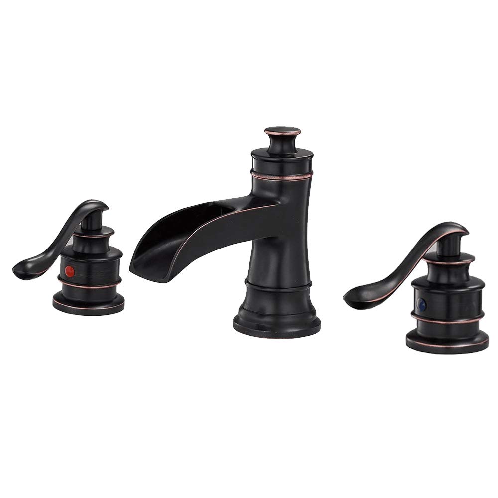 BWE 8 Inch Widespread Bathroom Faucet - Oil Rubbed Bronze Waterfall Two Handle Sink Faucet for Commercial & Home Use - Perfect for Lavatory, Guest Bathroom, and High-End Restaurants