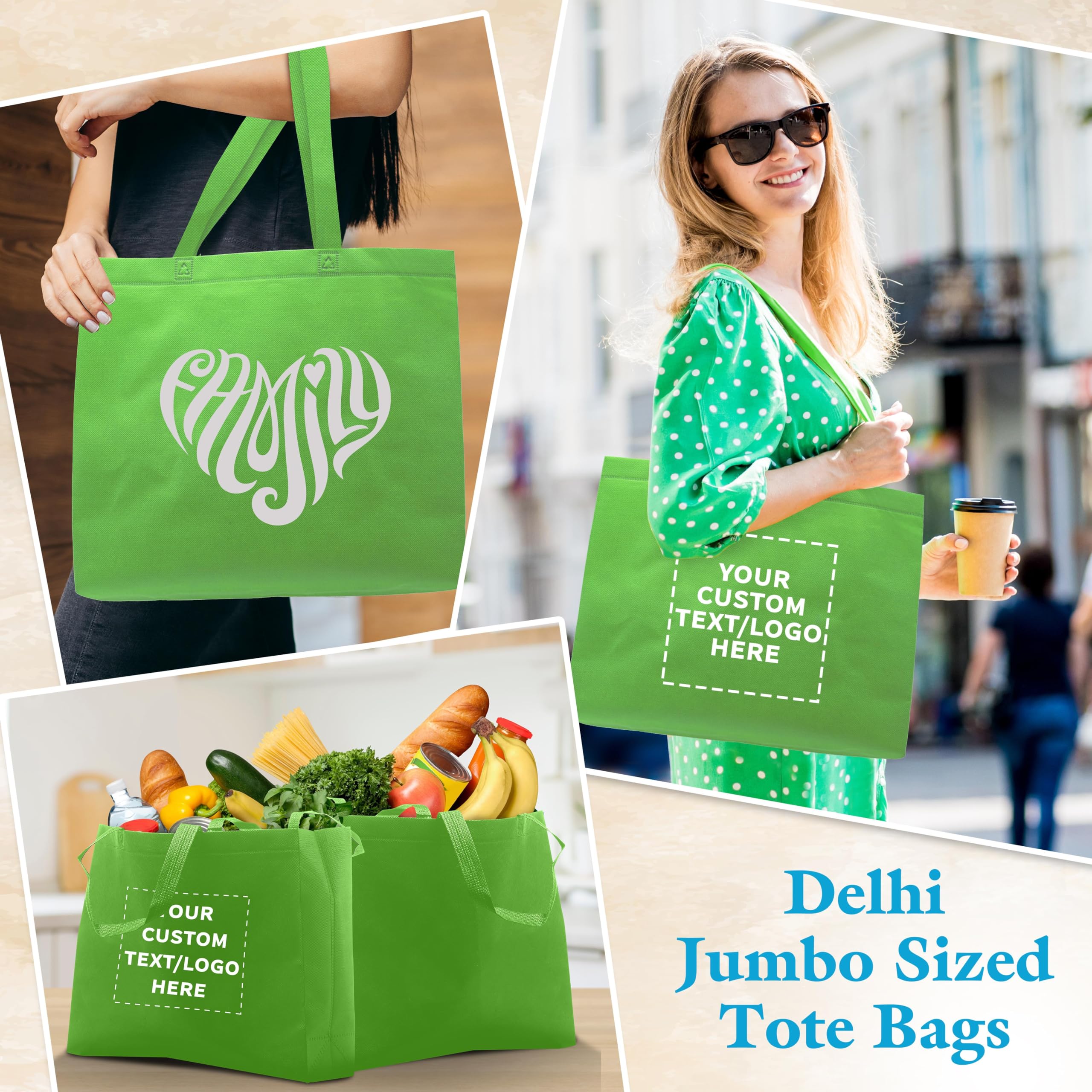 Custom Jumbo Reusable Tote Bags - Bulk Pack of 50 Personalized Grocery & Shopping Bags for Women in Lime Green | Promotional Items, Eco-Friendly Gift & Retail Use