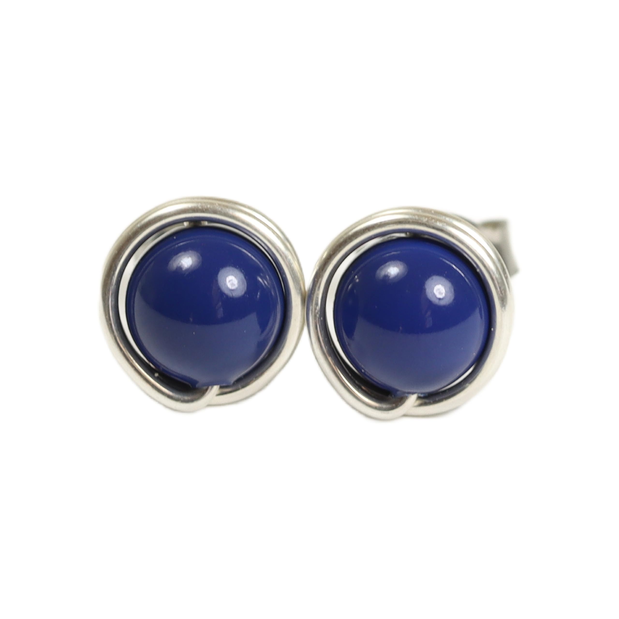 Handmade Blue Stud Earrings - Sterling Silver or Gold Wire Wrapped Dark Lapis Pearls Jewelry | Perfect for Gifts, Weddings & Everyday Wear
