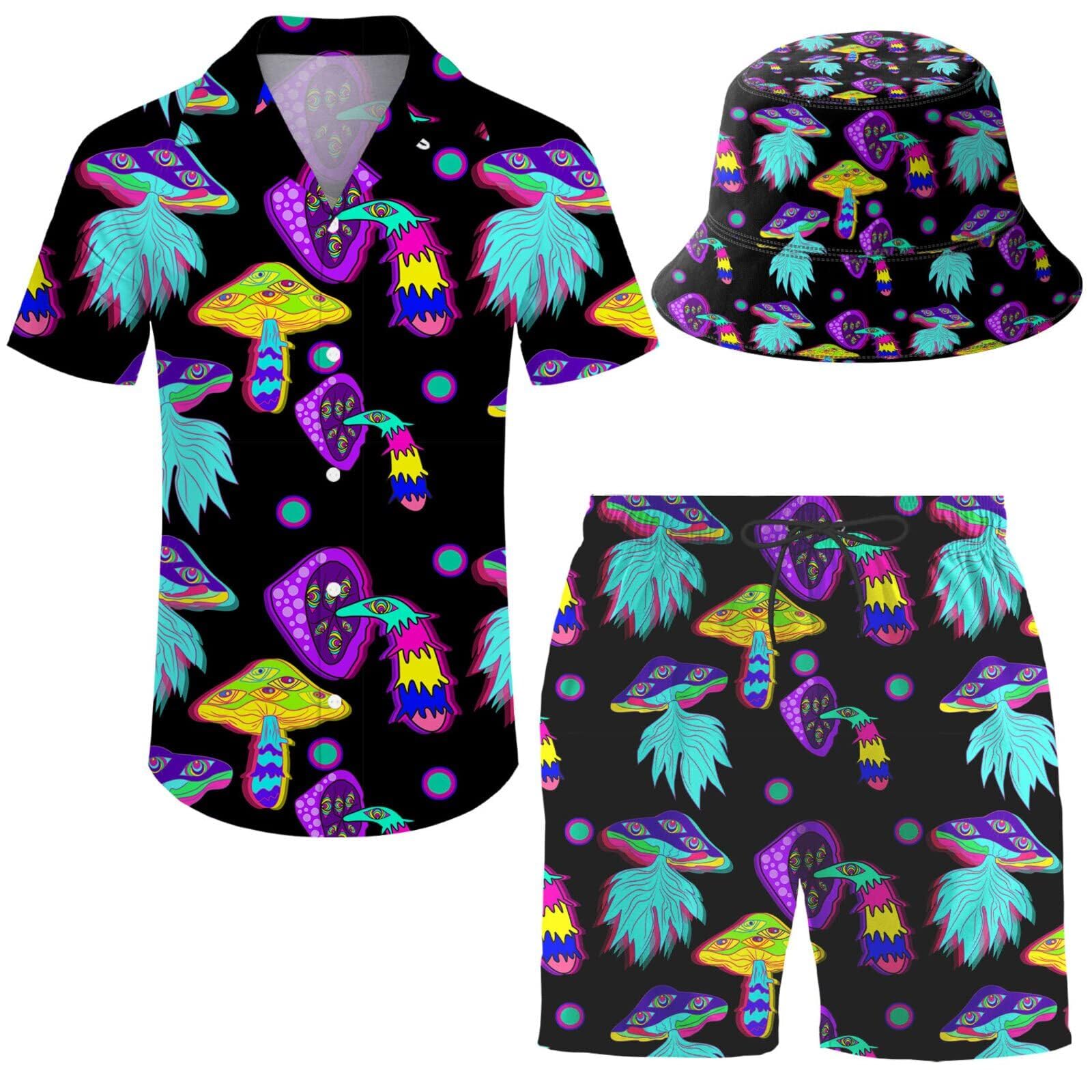 **Men's Hawaiian Print 2-Piece Tracksuit Set - Short Sleeve Button Down Shirt & Matching Shorts with Free Bucket Hat | Beach Vacation, Summer Outfits, Casual Wear**