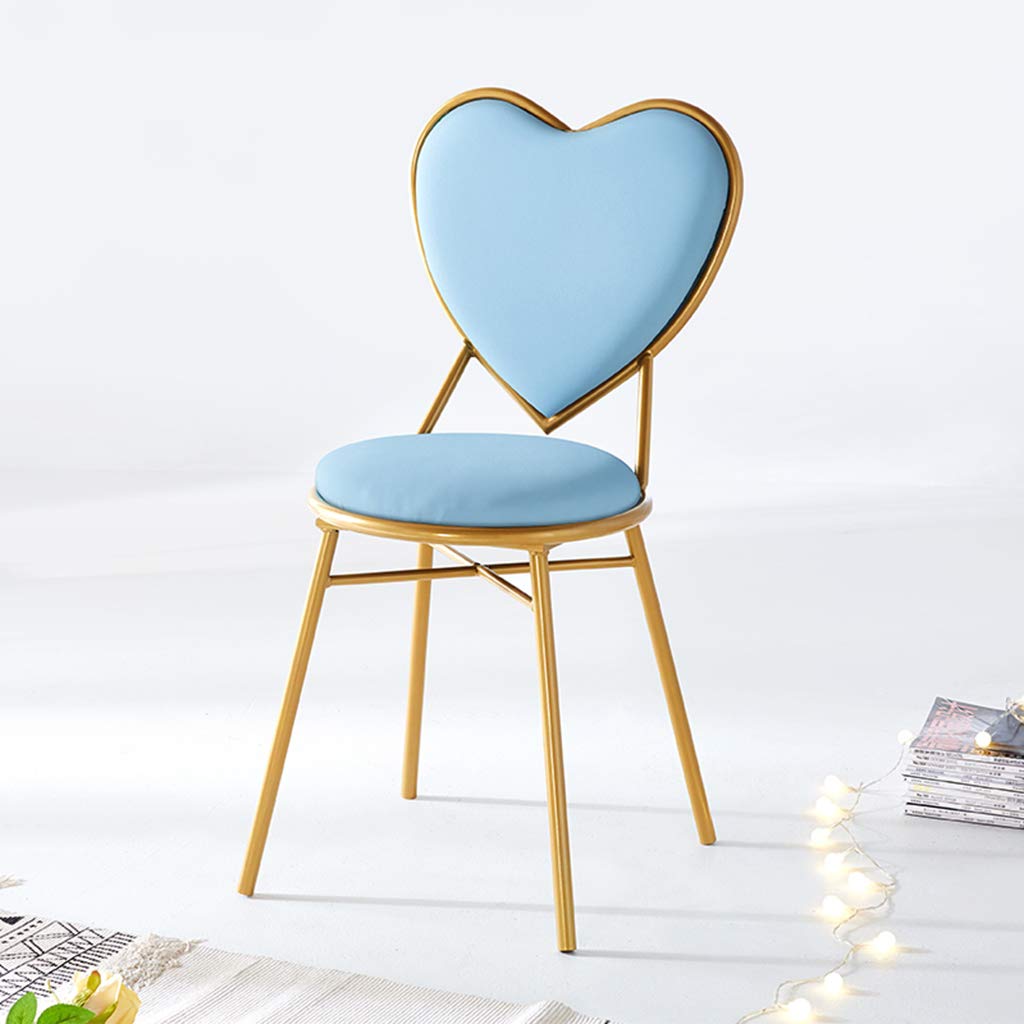 Heart-Shaped Makeup Stool - Blue PU Leather Dressing Chair with Golden Metal Legs for Girls Bedroom, Vanity Table & Dining Room Decor