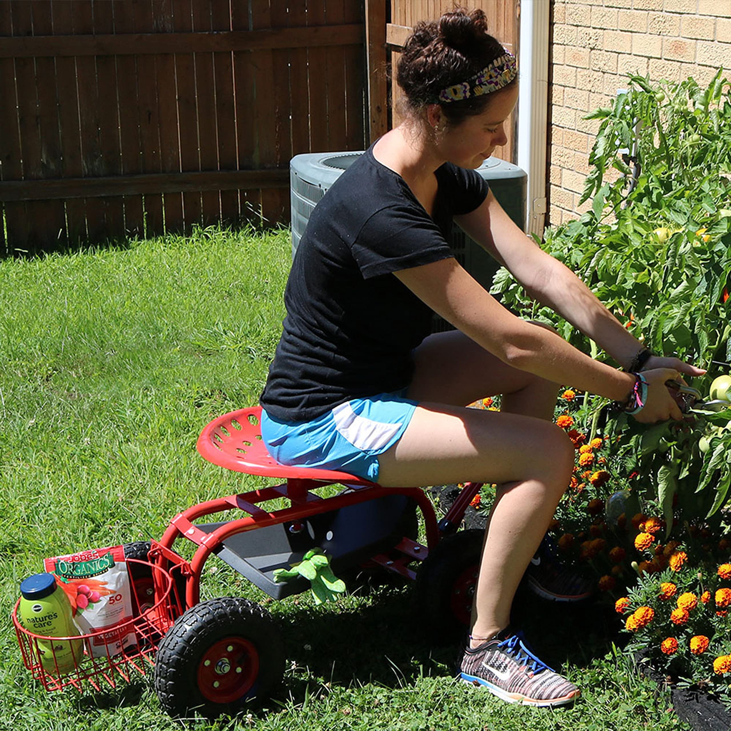 Sunnydaze Rolling Garden Stool with Wheels - Extendable Handle, Swivel Seat & Utility Tray - Red Outdoor Gardening Stool for Planting, Weeding & Yard Work