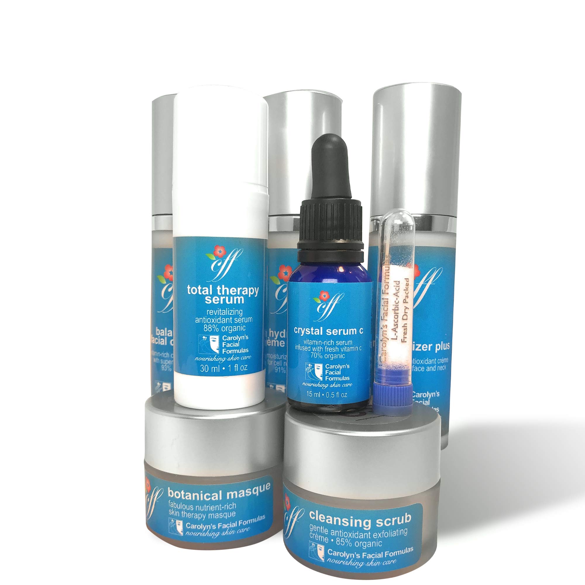 Carolyn's Facial Formulas Complete Therapy Pack - Balancing Facial Cleanser, Hydrating Moisturizer Plus, Botanical Face Mask, Exfoliating Cleansing Scrub & Vitamin C Serum for Glowing Skin | Skincare Routine Set for Dry, Oily & Combination Skin Types | Perfect for Daily Use & Spa Nights