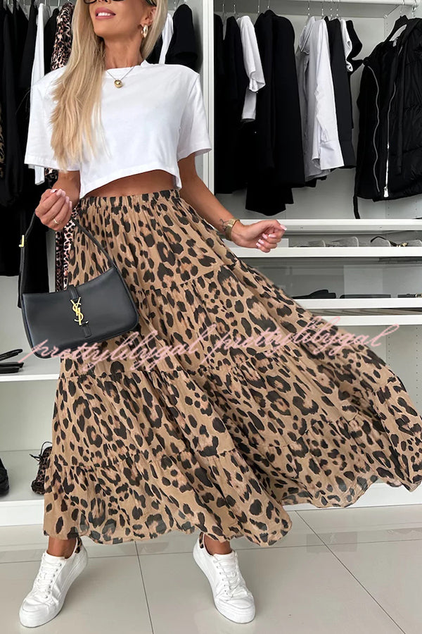 Stylish Leopard Print Maxi Skirt with Elastic Waist - Comfortable A-Line Layered Design for Women | Perfect for Casual Outings, Beach Vacations & Boho Fashion
