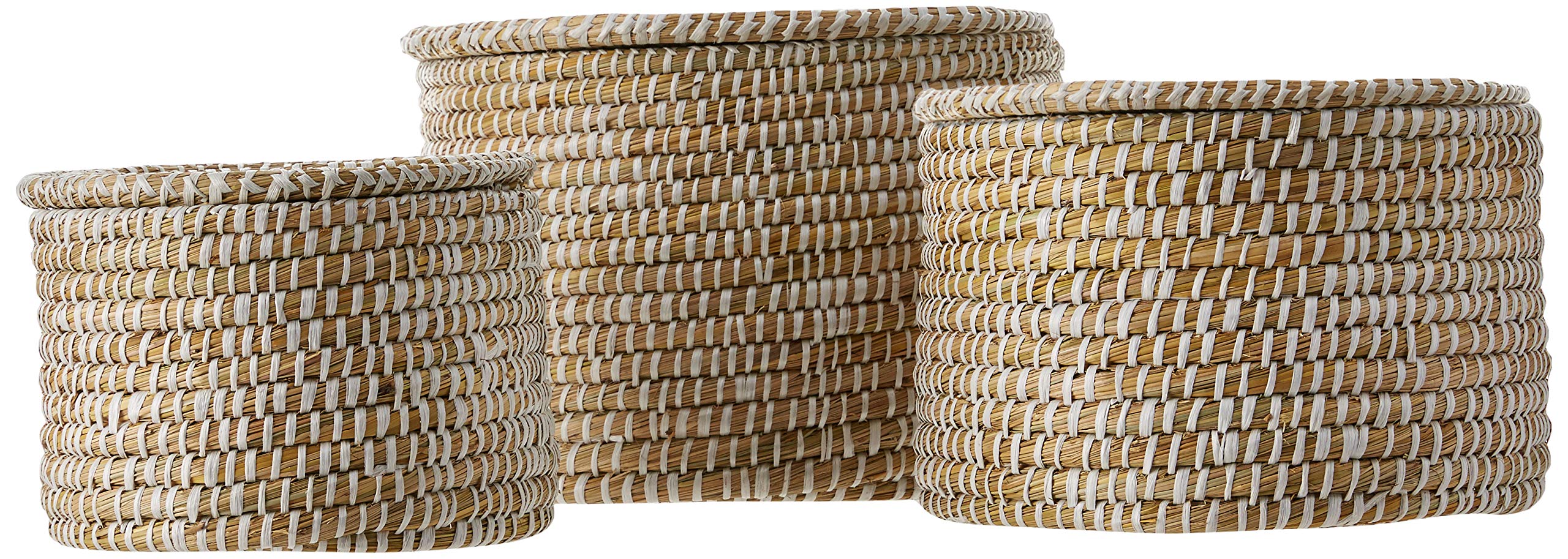 Whitewashed Woven Seagrass Storage Baskets with Lids - Set of 3 Sizes (Small, Medium, Large) - Natural Home Decor for Bathroom, Kitchen & Living Room Organization