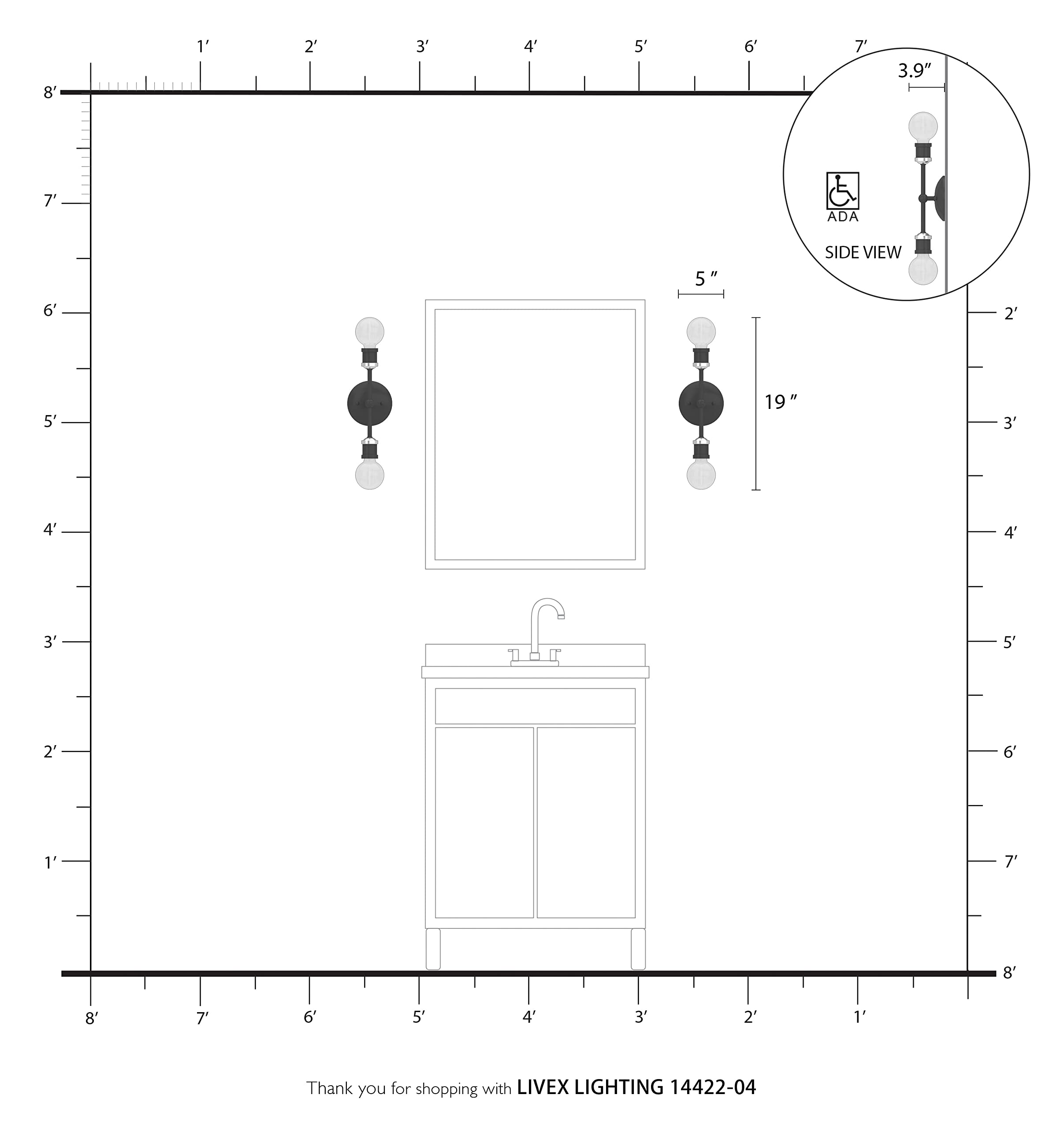 Livex Lighting 14422-04 Lansdale 2 Light ADA Bathroom Vanity Sconce - Black with Brushed Nickel Accents, Wall Mounted Mirror Lighting for Modern & Traditional Home Decor