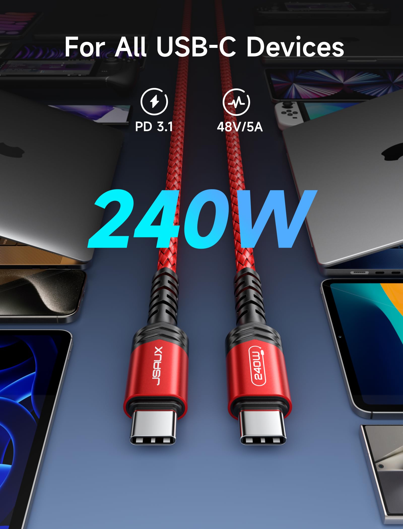 JSAUX 240W USB C to USB C Fast Charging Cable [10FT/3M] - Compatible with MacBook Pro/Air, iPad Pro, Galaxy S23/S22, Pixel & More - High Speed Data Sync & Power Delivery for Home, Office & Travel - Red