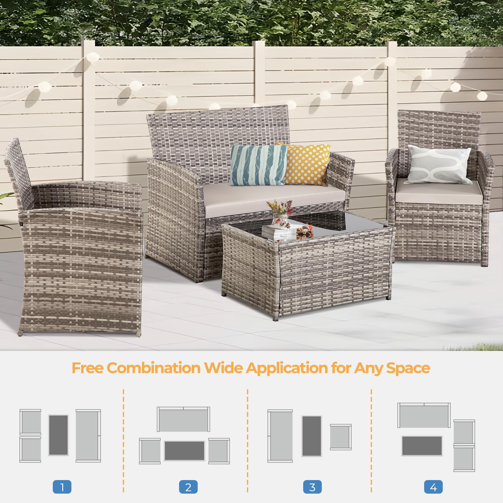 4-Piece Outdoor Patio Furniture Set - All-Weather Wicker Sectional Sofa with Rattan Coffee Table, Chairs & Loveseat - Gray Cushioned Seating for Balcony, Porch, Backyard & Garden Relaxation