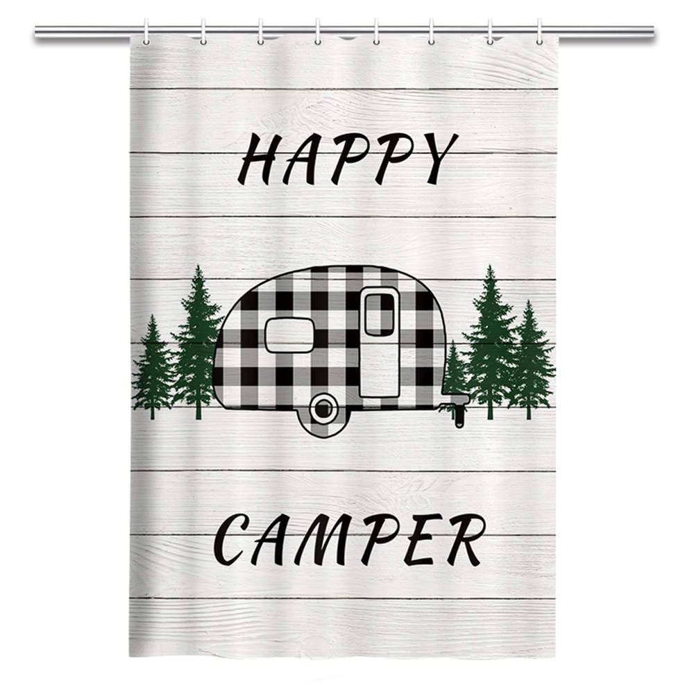 Happy Camper RV Shower Curtain - Buffalo Plaid Farmhouse Decor for Travel Trailers & Bathrooms
