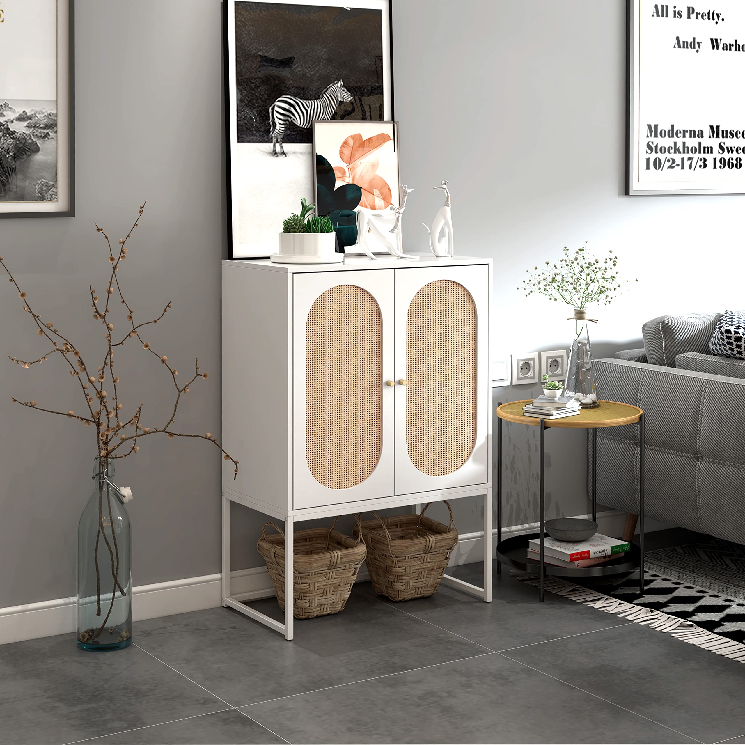 Natural Rattan Storage Cabinet with 2 Handmade Doors - White Sideboard Buffet Console Table for Living Room, Dining Room, Entryway & Kitchen | Perfect for Home Organization & Stylish Storage Solutions