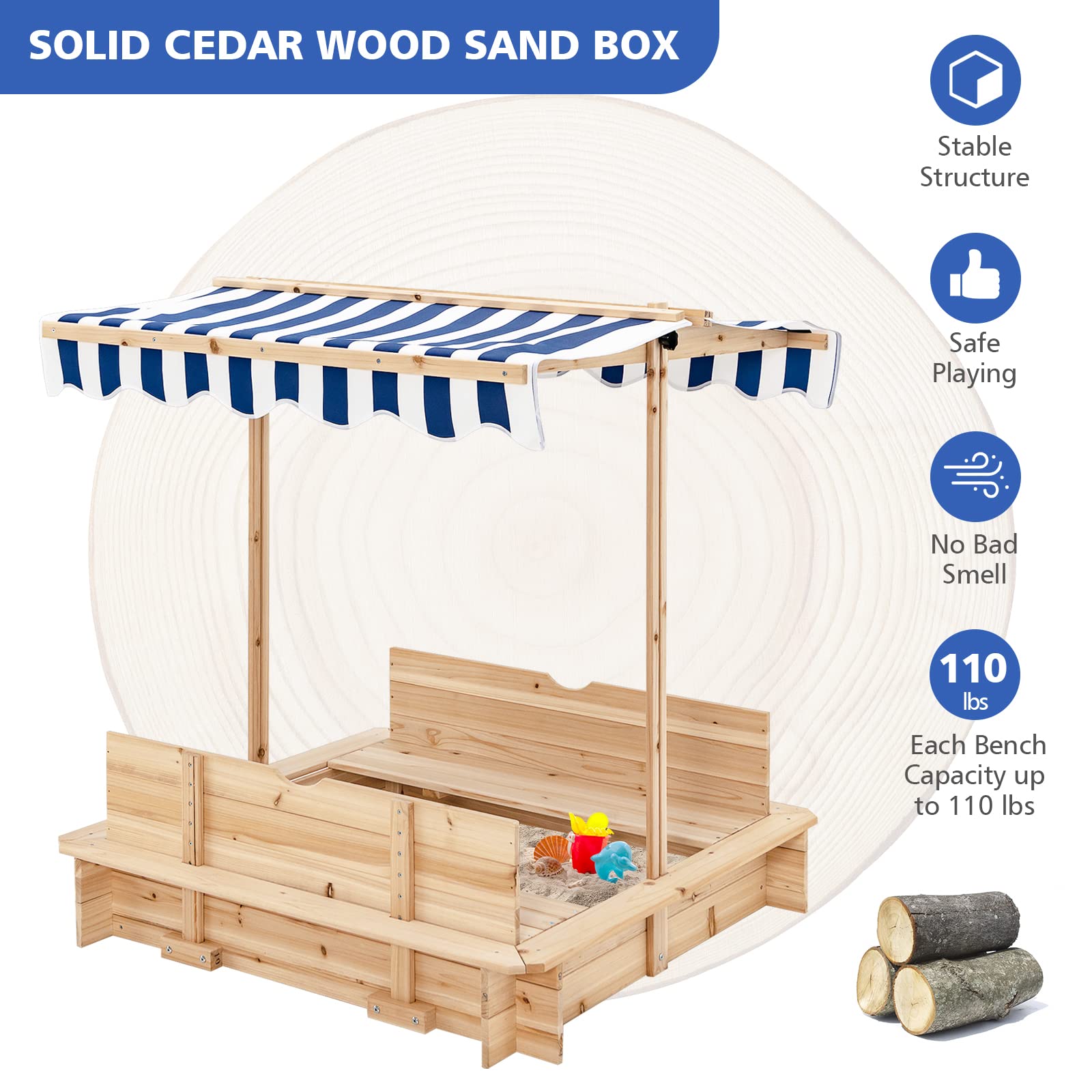 Costzon Kids Wooden Sandbox with Convertible Canopy - Cedar Square Cabana Sandbox with Cover & 2 Bench Seats w/Backrest | Outdoor Playset Sandpit for Toddlers & Children | Perfect for Backyard, Garden, Beach & Outdoor Play Areas