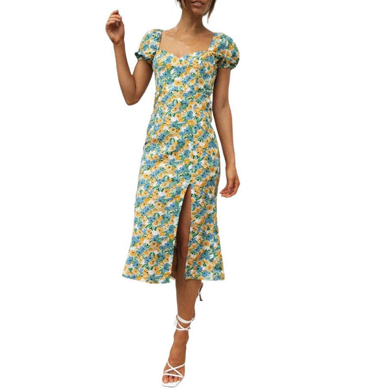 UIKMNH Women's Elegant Boho Maxi Dress with Split & Irregular Hem - Casual Summer Short Sleeve Puff Sleeve Dress for Beach, Vacation & Date Night