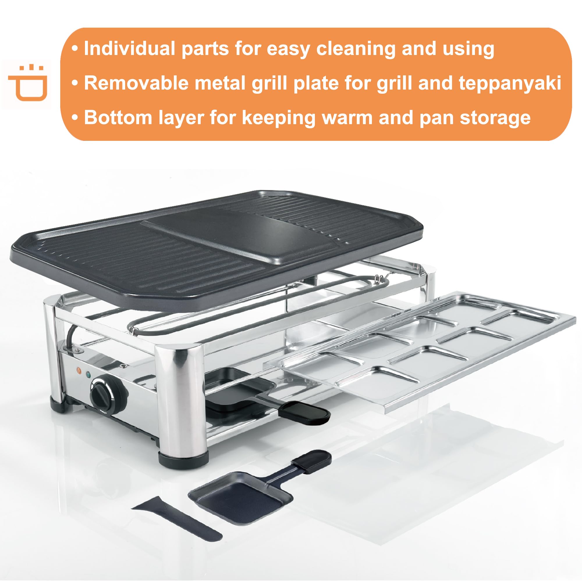 Portable Electric Raclette Cheese Grill - 1400W Nonstick Stainless Steel Korean BBQ Grill with Extra Large Plate for Indoor Home Parties, Dinner Gatherings & Family Reunions