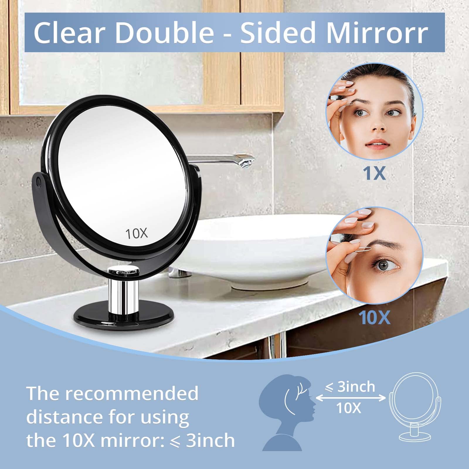 Fabuday 7 Inch Double Sided Magnifying Makeup Mirror - 1x & 10x Magnification, Adjustable Tabletop Vanity Mirror with Stand for Precise Makeup Application, Eyebrow Tweezing & Skincare - Black