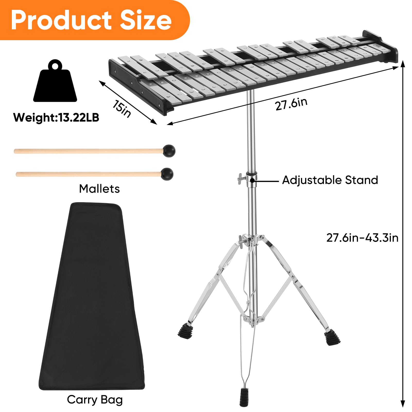 37-Key Aluminum Glockenspiel with Adjustable Height Stand - Professional Xylophone Instrument Kit for Adults | Includes Music Stand, 2 Mallets & Carrying Bag | Perfect for Music Class, Band Practice & Home Entertainment