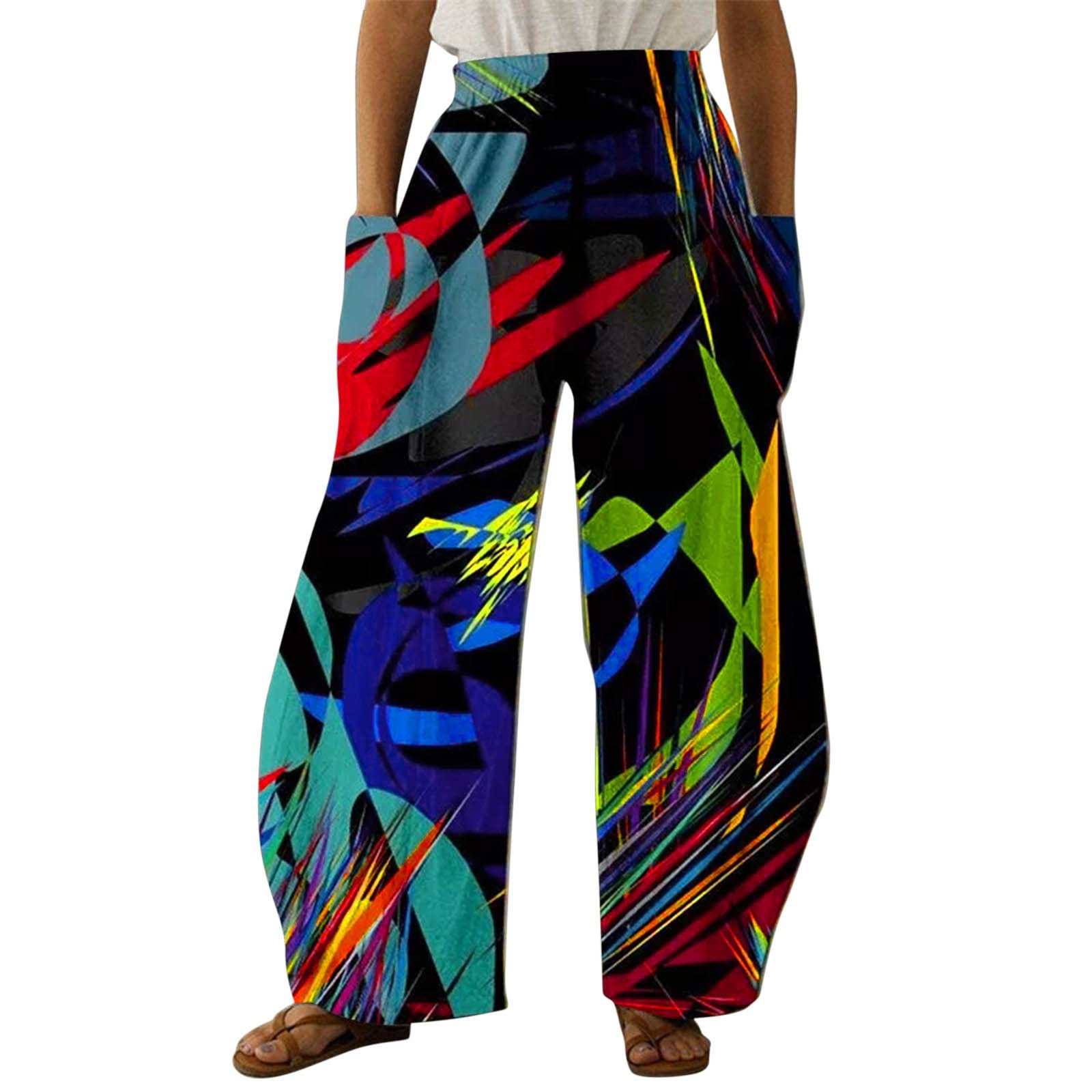 Women's High Waist Casual Loose Pants - Boho Beach Print Trousers with Pockets | Comfortable Long Pants for Travel, Yoga & Everyday Wear