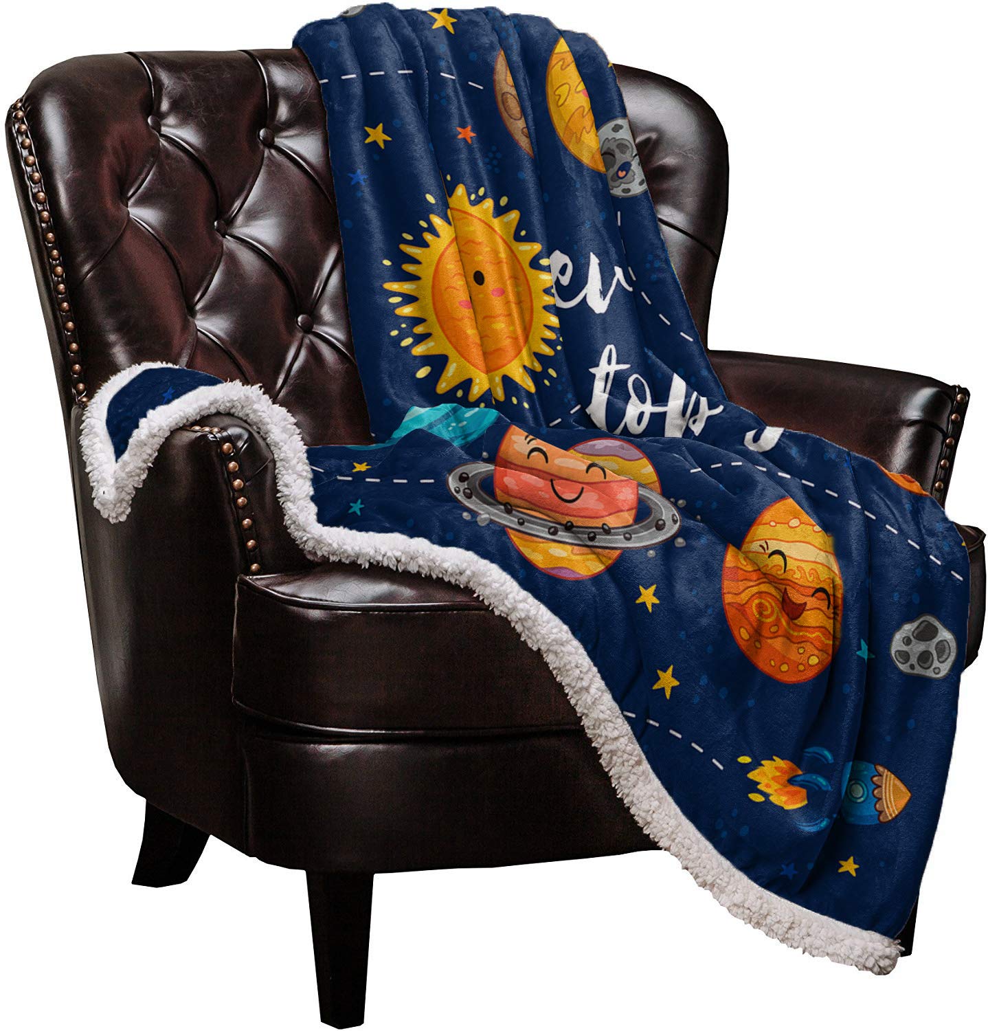 LUSWEET Sherpa Fleece Blanket - Never Stop Dreaming Solar System Design | Ultra Soft & Cozy 60x80 Inch Reversible Plush Blanket | Warm Microfiber Throw for Bed, Couch & Sofa | Perfect for Winter Nights, Movie Time & Home Decor