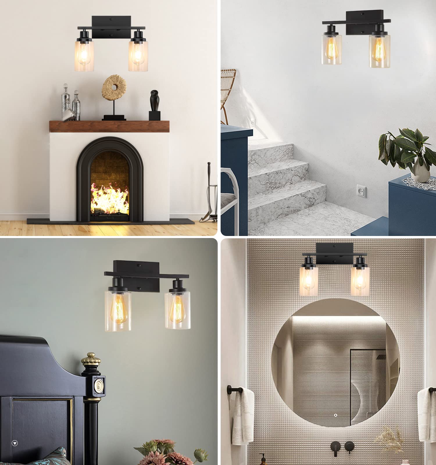 Modern Black 2-Light Bathroom Vanity Light with Glass Shade - Mirror Lighting for Bathroom & Bedroom