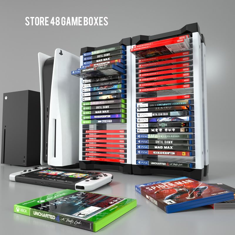ECHZOVE Video Game Storage Tower - Vertical or Horizontal Organizer for PS5, PS4 & Xbox Games - Holds Up to 46 Disc Cases with 2 Headset Hooks - Perfect for Gaming Room Organization & Console Setup