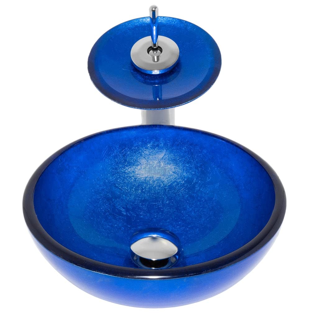 12-Inch Mini Blue Foiled Glass Vessel Bathroom Sink Set with Chrome Faucet - Modern Vanity Sink for Powder Rooms, Guest Baths & Small Bathroom Remodels