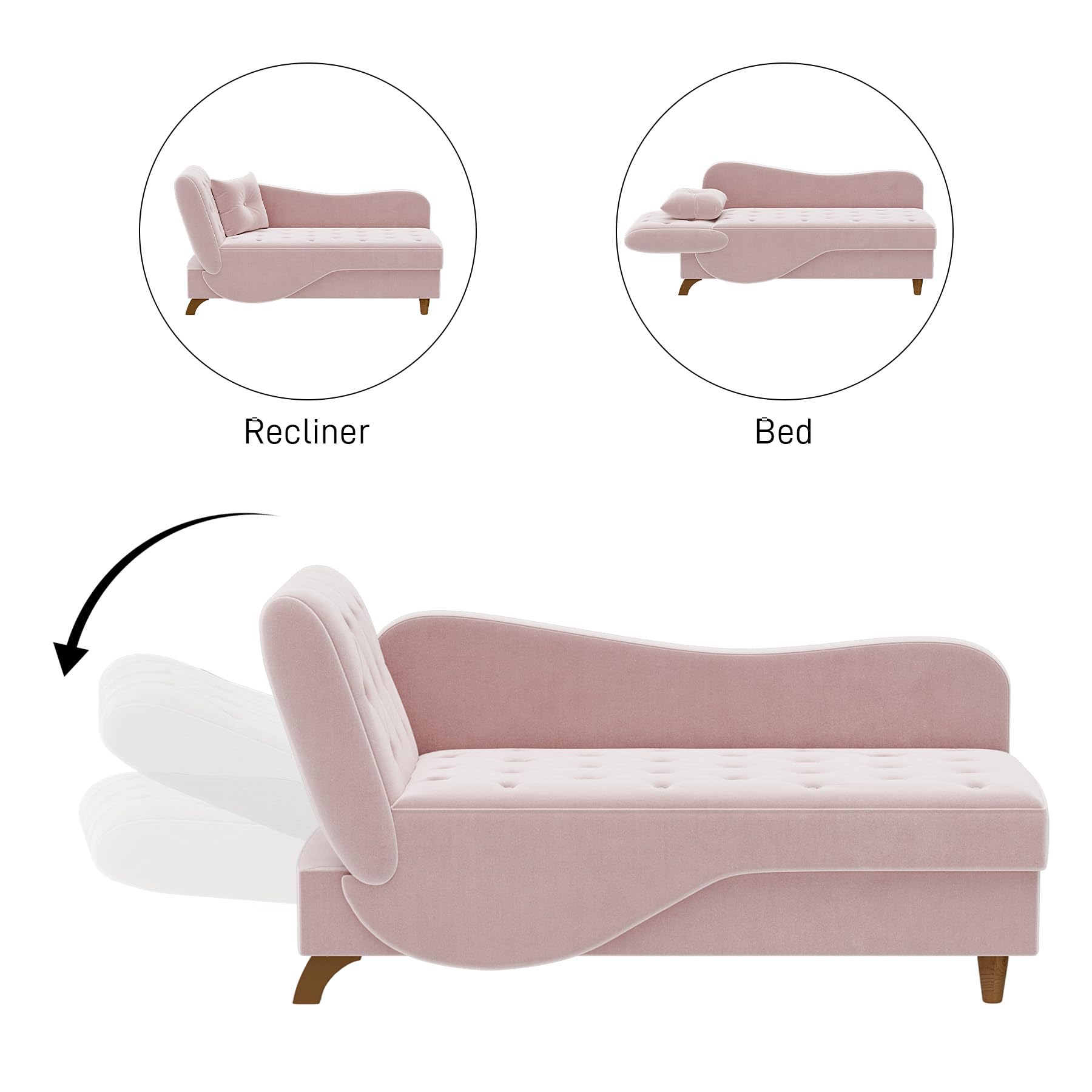 3 in 1 Velvet Chaise Lounge Chair with Storage - Adjustable Armrest Recliner, Sleeper Sofa Bed with Pillow - Pink Futon for Living Room & Bedroom - Perfect for Reading, Napping & Small Space Living