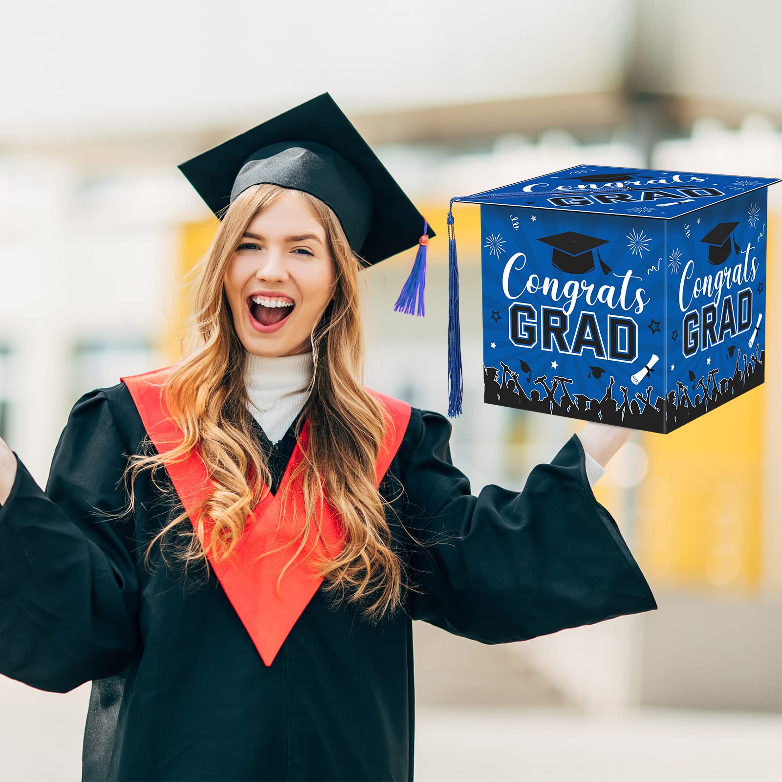 Yisong 2025 Graduation Card Box with 30 Advice Wishes Cards - Congrats Grad Cap Keepsake Box with Real Tassel - Perfect for Class of 2025 Graduation Party Decorations & Gift Giving (Blue)