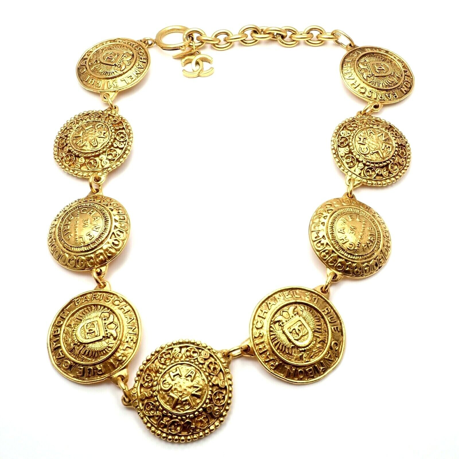 Authentic Vintage Chanel Gold Tone CC Logo 9 Disc Motif Necklace - Perfect for Elegant Evening Wear & Luxury Fashion Accessories